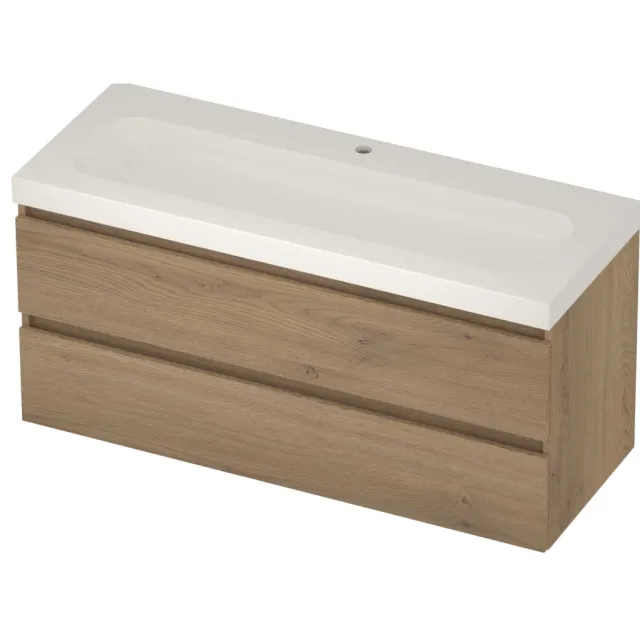 Basic-Line Moby 46 Badmeubelset Polystone 1 Kraangat Greeploos 120x46x58 cm Pure Oak Glans Wit