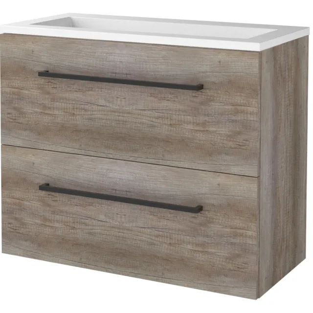 Boss & Wessing Badmeubelset BWS Salt 80x39cm Met Grepen 2 Lades Met Wastafel Acryl Scotch Oak Bruin