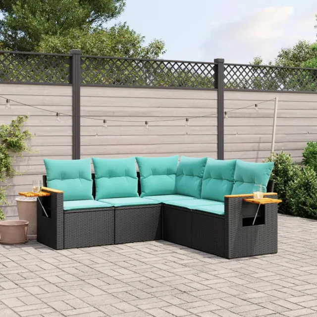 vidaXL 5-delige Loungeset met kussens poly rattan zwart, foto 2
