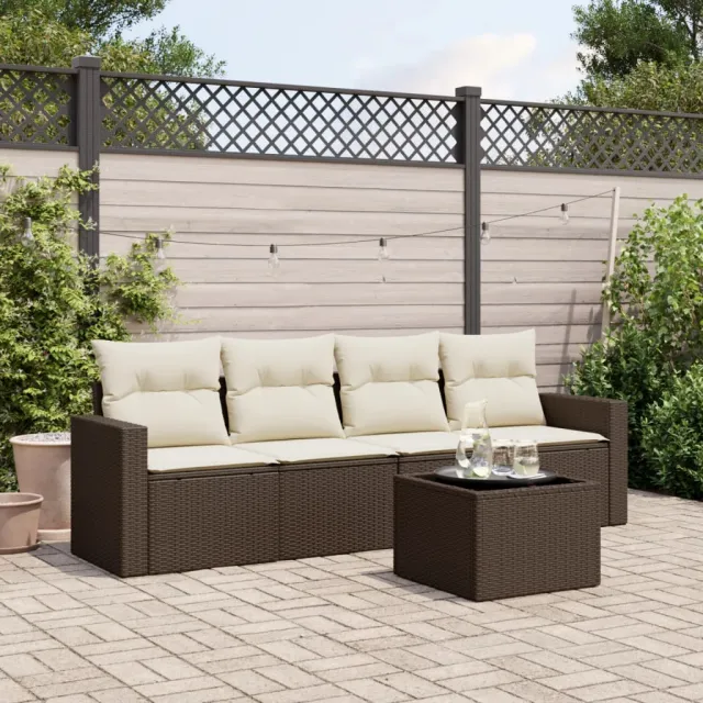 vidaXL 5-delige Loungeset met kussens poly rattan bruin, foto 2