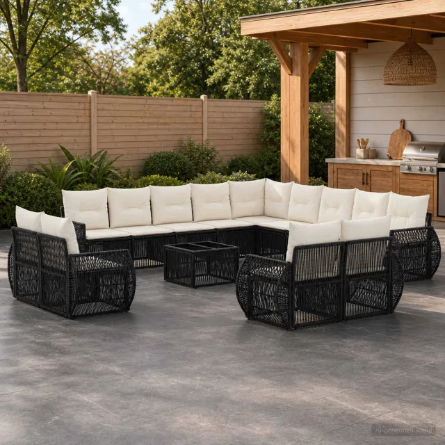vidaXL Tuinbankenset 14 st Zwart en Cream Wit poly rattan, foto 2
