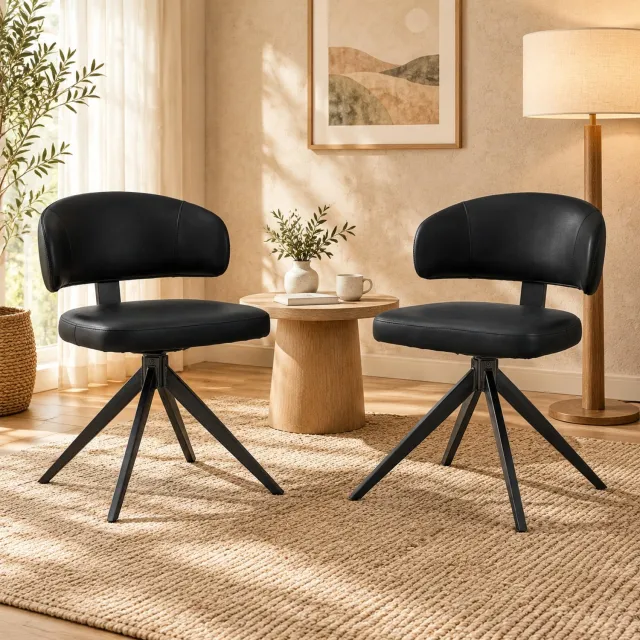 WUVRIE Set van 2 eetkamerstoelen - Draaibaar 360° met kunstleren zitting - Zwart