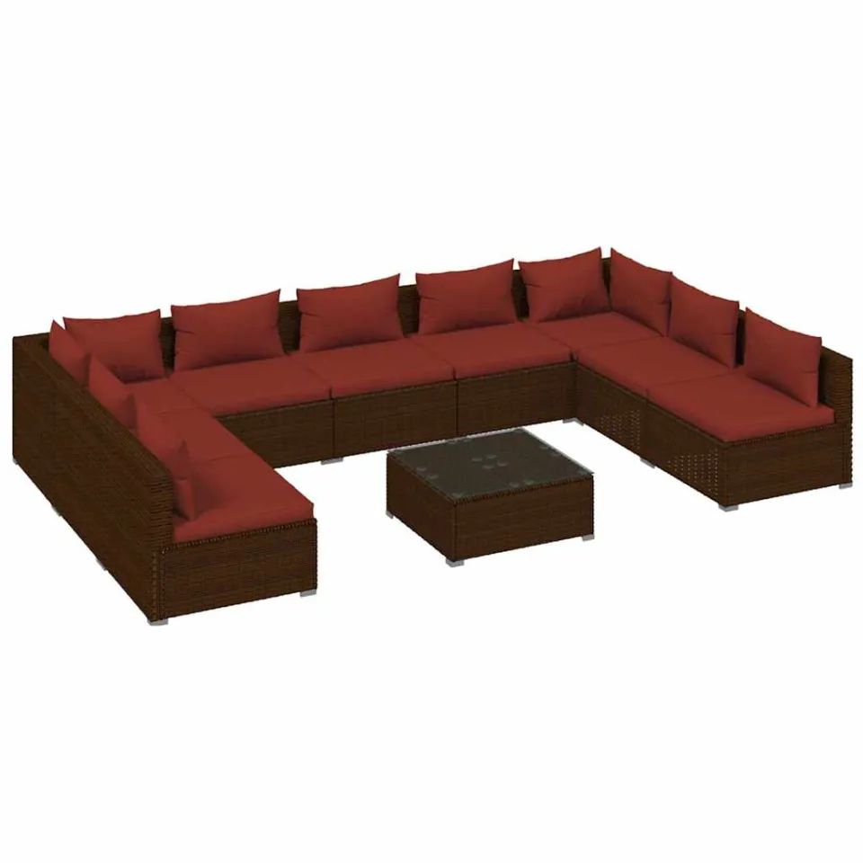 vidaXL 10-delige Loungeset met kussens poly rattan bruin