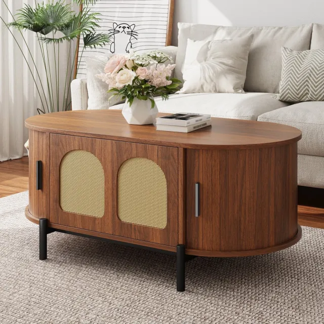Wishdor Ovale salontafel met opbergruimte - Rattan deuren en schuifdeuren - MDF en zwarte metalen poten - Walnootkleur - Voor woonkamer - 100 x 50 x 40 cm Walnut