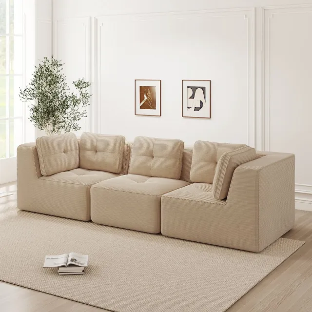 MODENUIT Hoekbank 3-Zits - Modulair Met Diepe Zitting 74 cm En Lage Zithoogte - Voor Woonkamer - Ribstof Beige