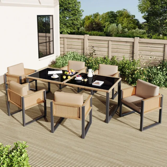 Merax Rotan eettafel- en stoelen set - tuinmeubilair - voor 6 personen - inclusief stoelen - met afneembare en wasbare stoffen hoezen Bruin