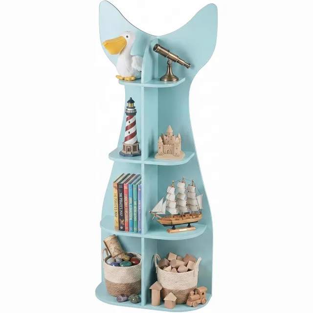 KOMFOTTEU Montessori-kinderboekenkast met 8 open vakken – Speelgoedkast in visvorm – Opbergsysteem voor kinderen vanaf 3 jaar – Voor slaapkamers en peuterspeelzalen – 48 x 20,5 x 120,5 cm Blauw