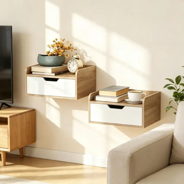 REDOM Bedtafel - Wandmontage - Schuiflade - Opstaande rand - Minimalistische stijl - Slaapkamer - Spaanplaat - Natuurhout en Wit - 40 x 30 x 19,5 cm Naturhout