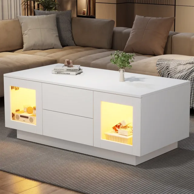 MODFU Salontafel Met LED-Verlichting En Opbergruimte - Modern - MDF - Wit - 100x50x40 Cm
