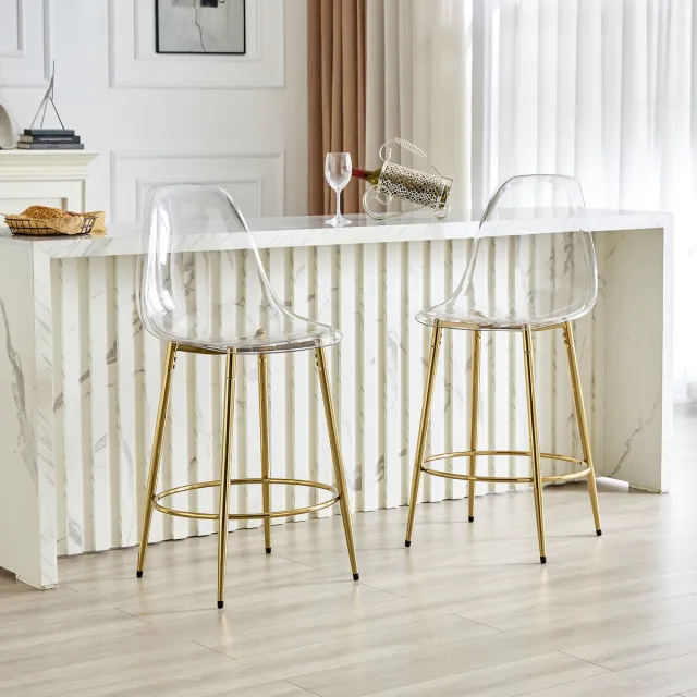 Wishdor Set Van 2 Barkrukken - Transparante Zitting En Rugleuning, X-Vormig Onderstel Met Voetensteun - Modern Ontwerp - Voor Keukenbar Of Woonruimte - Metaal En Kunststof - Goudkleurig En Transparant - Zithoogte 66 Cm Goud, Transparant