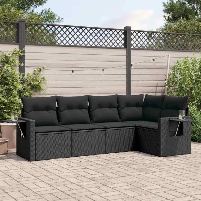 vidaXL 5-delige Loungeset met kussens poly rattan zwart, foto 2