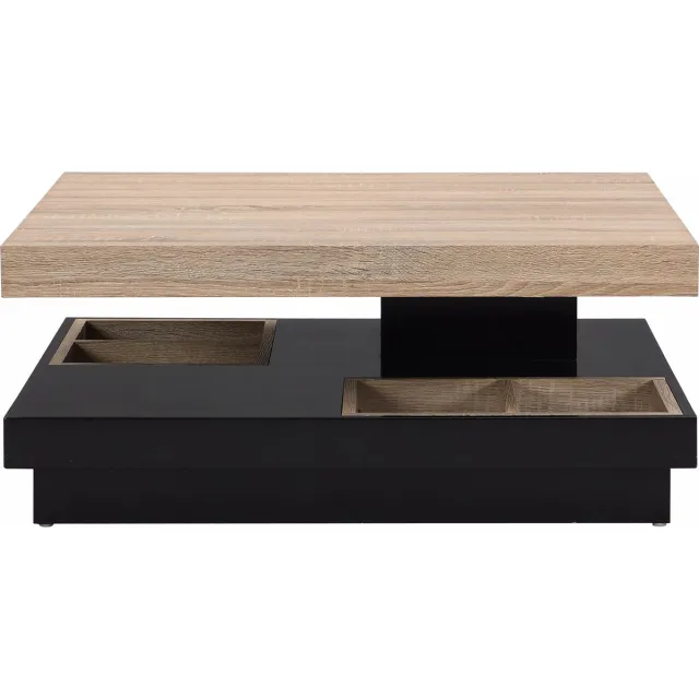 Vente-unique Salontafel - Draaibaar blad - Zwart en naturel gelakt MDF - FAUSTO Zwart, Natuurlijk licht