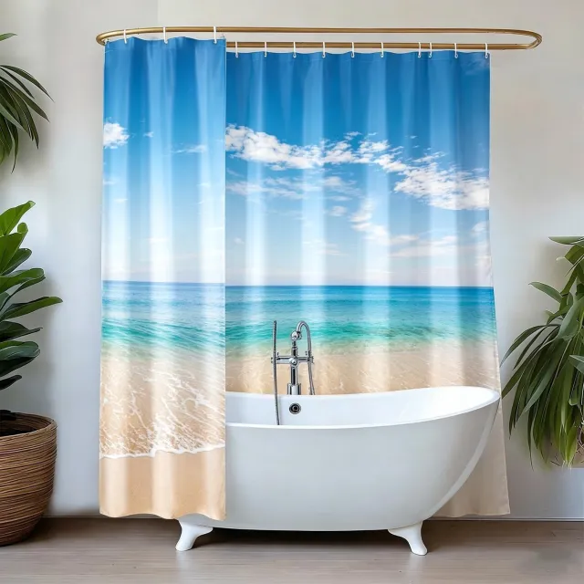 Famanu Douchegordijn met zeeontwerp, 240 x 200 cm, inclusief C-vormige haakjes rood