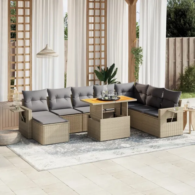 vidaXL 9-delige Loungeset met kussens poly rattan beige, foto 2