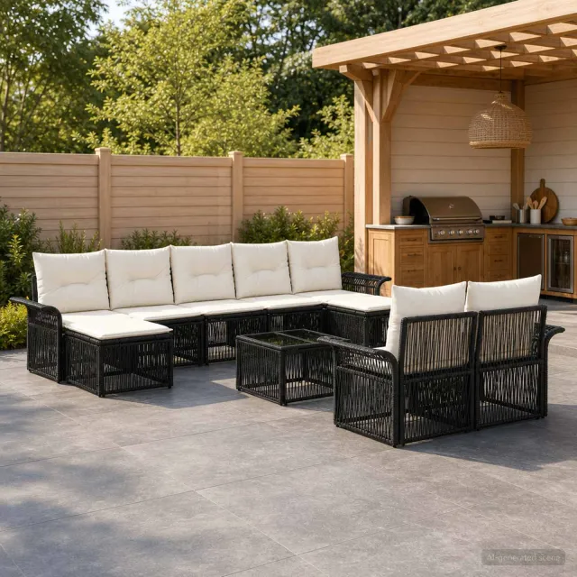 vidaXL Tuinbankenset 10 st 9-zits Zwart poly rattan, foto 2