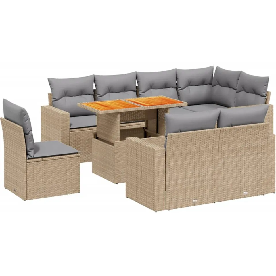 vidaXL 9-delige Loungeset met kussens poly rattan beige, foto 3