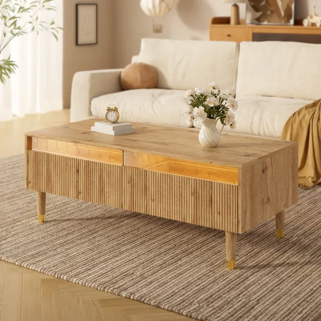 HAUSS SPOLE Salontafels Koffietafel - Salontafel Met LED En 2 Laden - 110x50x40 cm - MDF - Bruin