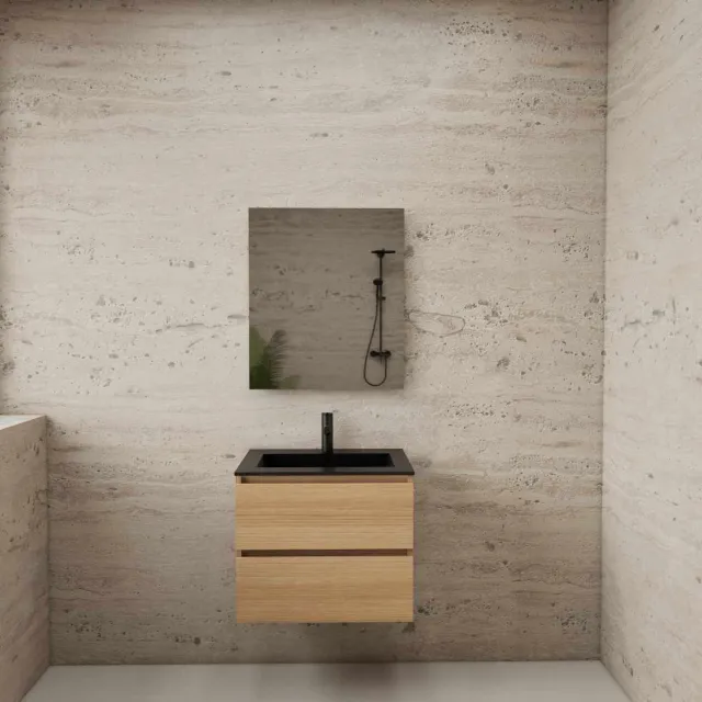 Boss & Wessing ACTIE BWS Badmeubel | Paris | Naturel Eiken 60 cm | Mat Zwart Wastafel | 1 Kraangat