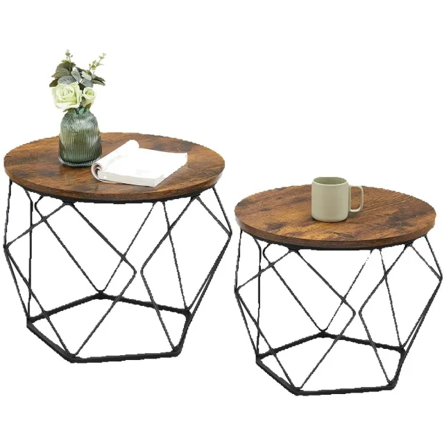Jurrys Salontafel Set van 2 – Ronde Bijzettafels Industrieel – Bruin Hout & Zwart Staal – Compact 50 cm & 40 cm - Decoratie