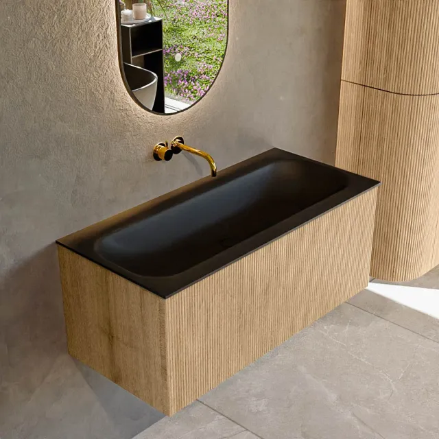 Mondiaz KURVE 100 cm Onderkast Greeploos 1 Lade Zonder Deuren Oak, Wastafel Solid Surface Volledig Urban 0 Kraangaten Zonder Spiegel (KRVBGM1001L0D0KM-Oak/Urb)