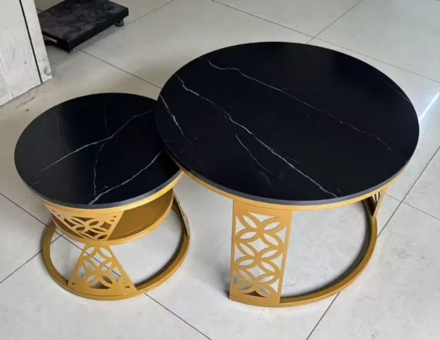 Maisentiel Ronde salontafelset 70 en 45 cm - Hoogglans marmerlook - Metaal - Zwart/Goud