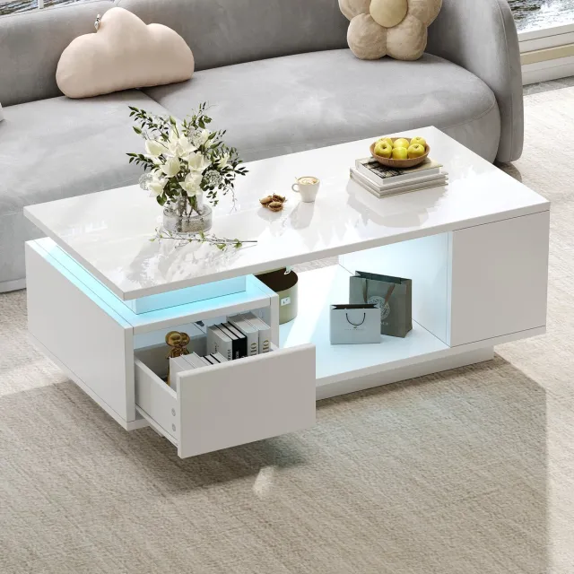 MEUNIQ Salontafel 100 x 50 x 36 cm met lade, 4 zijvakken, open vak en appgestuurde LED-verlichting, witte hoogglans koffietafel voor woonkamer
