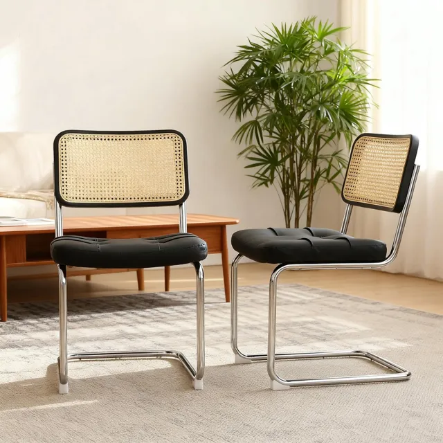 KOMHTOM BLACKCOLORS Set van 2 eetkamerstoelen, bijzetstoelen van kunstleer met verchroomde poten, moderne stoelen in mid-century-stijl ontworpen door Breuer, gestoffeerde stoelen voor eetkamer, woonkamer en keuken Zwart