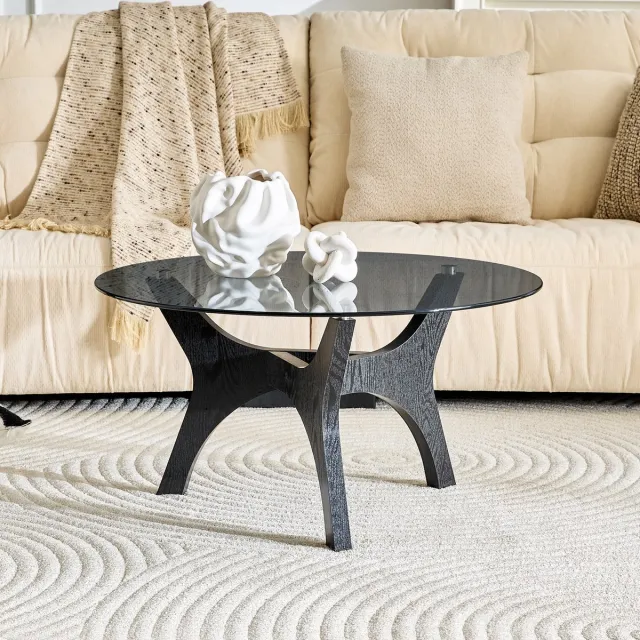 STILVORA Salontafel - Ronde Glazen Tafel Met Houten Frame - Voor Woonkamer En Kantoor - Glas En MDF - 80 x 42,2 cm - Zwart Bruin