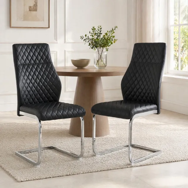 COVREO Eetkamerstoel set van 2 100 x 43 cm - zwart kunstleer met zilverkleurig metalen frame