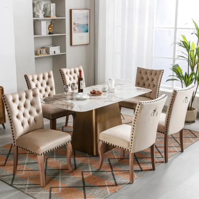 Welltin Eetkamerstoelen in Set van 6 - Gestoffeerde stoel, massief houten stoelpoten, Eetkamerstoel Flueel, Eetkamerstoel, Met treklipjes en verstelbare voetjes, Draagvermogen 150KG - Beige