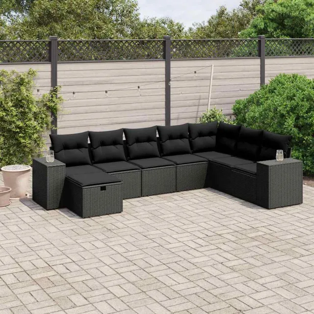 vidaXL 8-delige Loungeset met kussens poly rattan zwart, foto 2