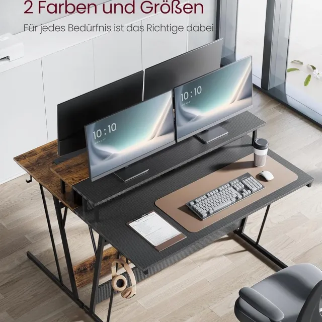 Vasagle Bureau - gamingtafel met ingebouwde stekkerdoos - computertafel - met monitorstandaard voor 2 monitoren - slaapkamer - 60 x 120 x 76 cm - roetzwart LWD192B02