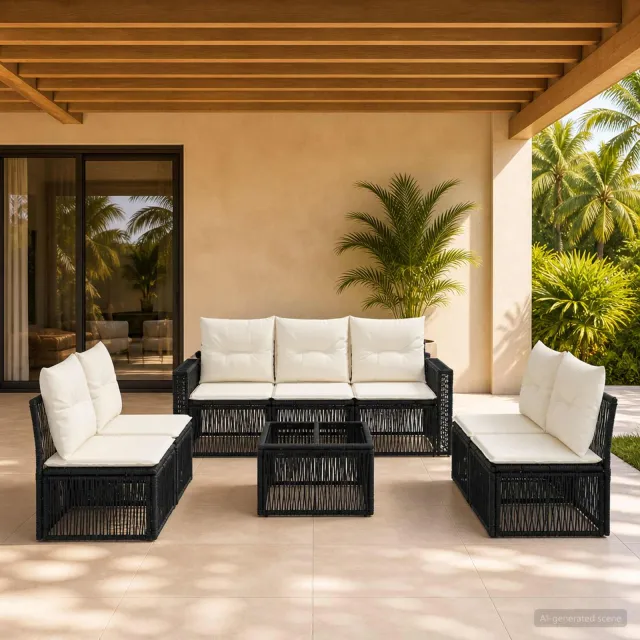 vidaXL Tuinbankenset 8 st 7-zits Zwart en Cream Wit poly rattan, foto 2