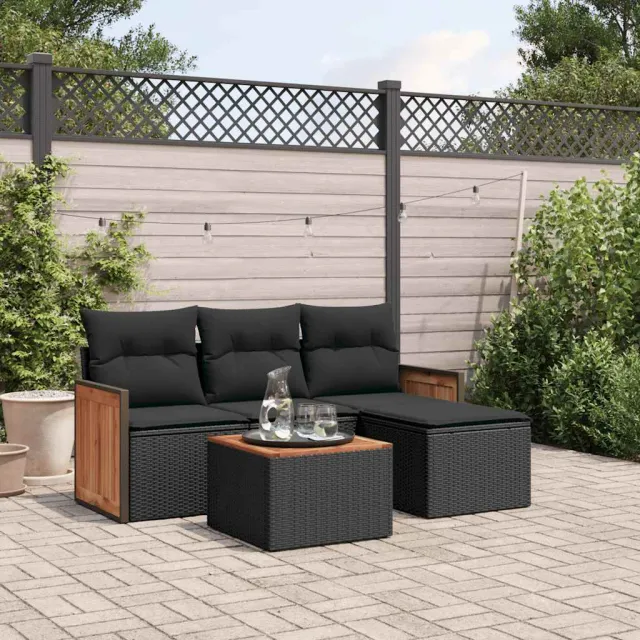 vidaXL 5-delige Loungeset met kussens poly rattan zwart, foto 2