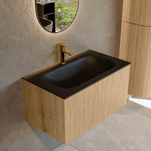 Mondiaz KURVE 80 cm Onderkast Greeploos 1 Lade Zonder Deuren Oak, Wastafel Solid Surface Volledig Urban 1 Kraangat Zonder Spiegel (KRVBGS801L0D1KM-Oak/Urb)