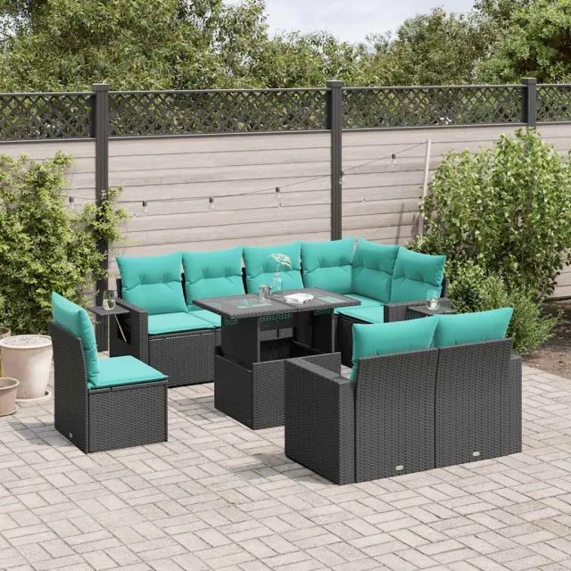 vidaXL 9-delige tuinbankset met kussens van zwart polyrotan, foto 2