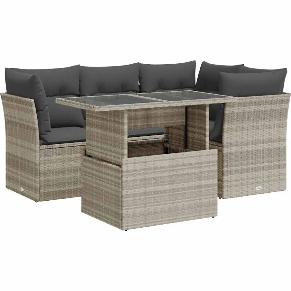 vidaXL 5-delige Loungeset met kussens poly rattan lichtgrijs grijs, foto 3