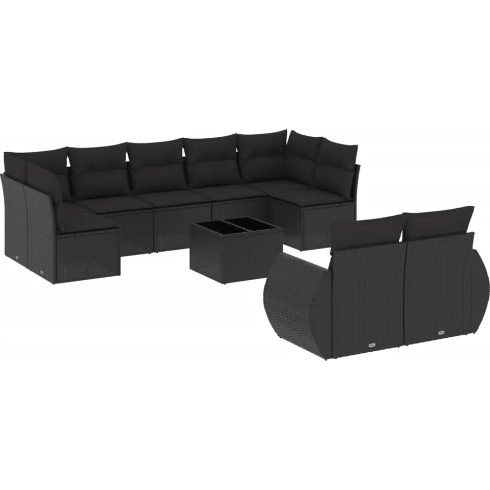 vidaXL 10-delige Loungeset met kussens poly rattan zwart