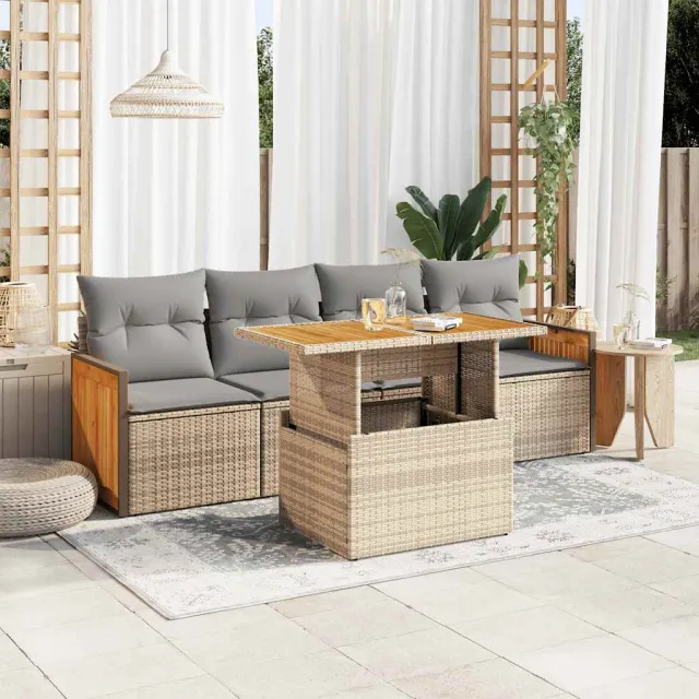 vidaXL 5-delige Loungeset met kussens poly rattan en acaciahout beige, foto 2