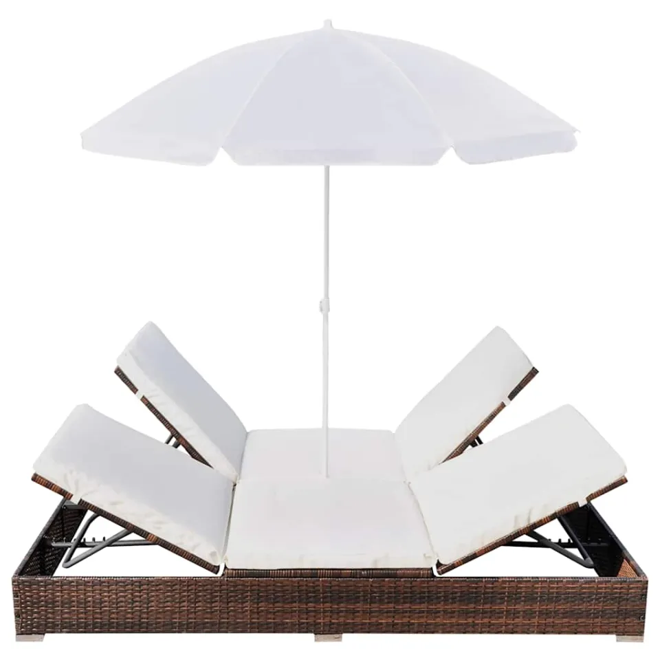 vidaXL Loungebed met parasol poly rattan bruin