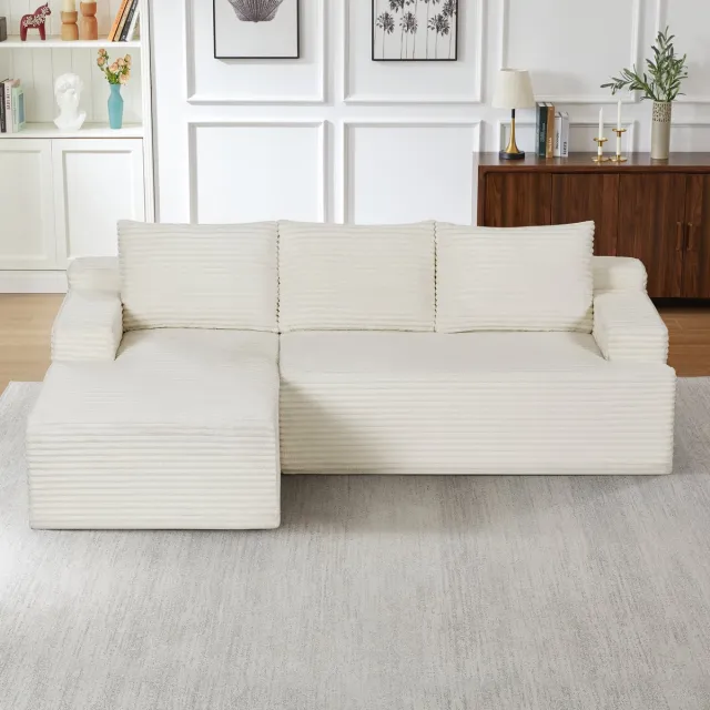 COVREO L-vormige hoekbank zonder montage – 238x152x66 cm – Modulaire slaapbank met ribfluweel – Bank voor woonkamer – Beige