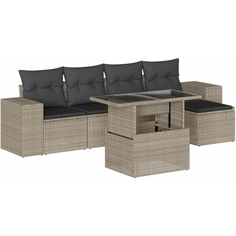 vidaXL 6-delige Loungeset met kussens poly rattan lichtgrijs grijs