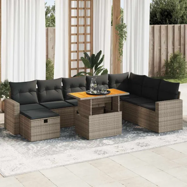 vidaXL 9-delige Loungeset met kussens poly rattan acacia grijs, foto 2