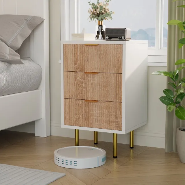 SHOPENTRA Nachtkastje met 3 laden, gouden poten en lades met verticale groeven voor een moderne en elegante touch in de slaapkamer Meerkleurig