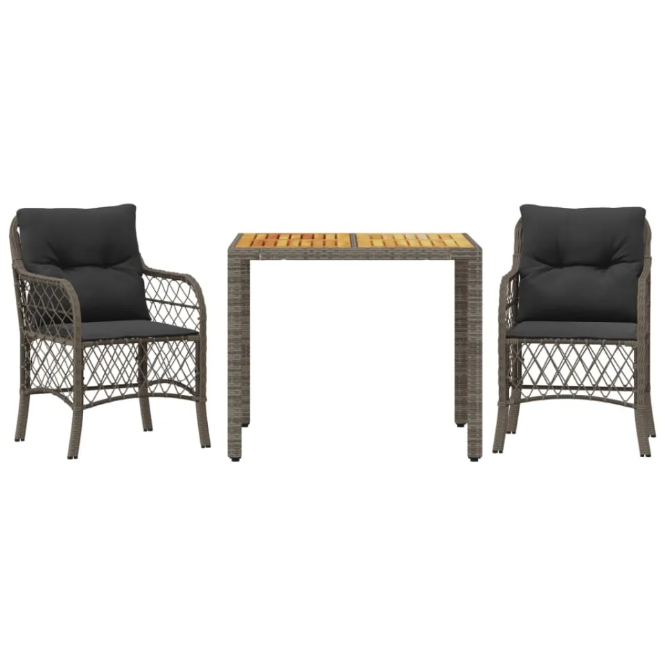 vidaXL 3-delige Bistroset met kussens poly rattan grijs, foto 3