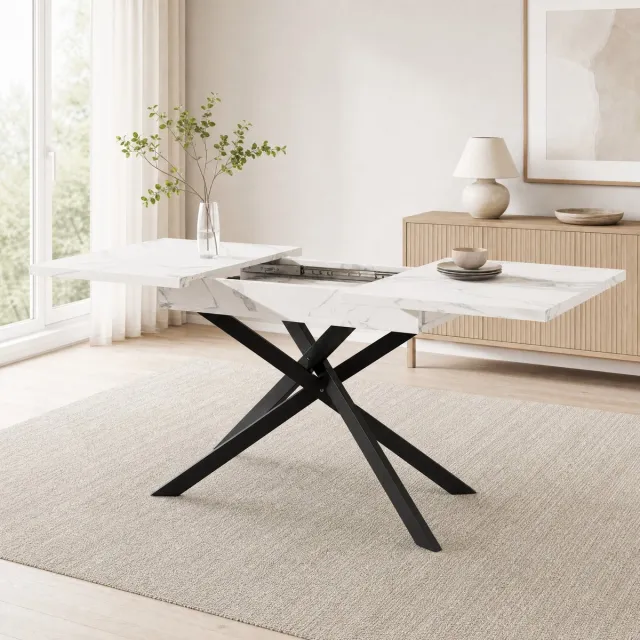 MEUNIQ uitschuifbare eettafel 120-160 x 80 x 76,5 cm met wit marmerlook MDF tafelblad en zwarte X-vormige metalen poten voor keuken en woonkamer