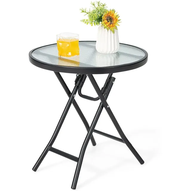 KOMFOTTEU Tuintafel, inklapbaar, bistrotafel met glasplaat en metalen frame, ronde zijtafel, voor balkon, terras (transparant, rond, φ46 x 47 cm (H)) Zwart