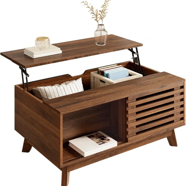 Clruro Salontafel - Liftfunctie Met Jalousiedeur - Walnootlook - MDF - Walnootkleur
