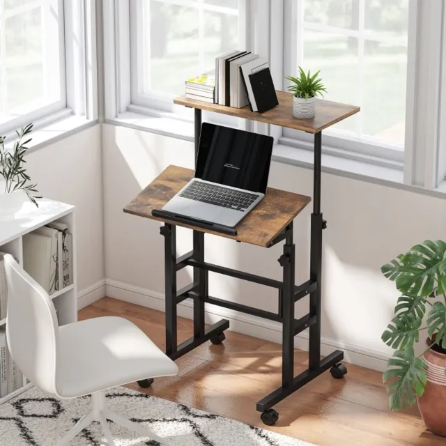 MIVRAY Bureau - In Hoogte Verstelbaar Met Kantelbaar Blad En Wielen - Voor Thuiswerk En Studie - Hout En Metaal - 60x60x70,5-120 Cm - Rustiek Bruin