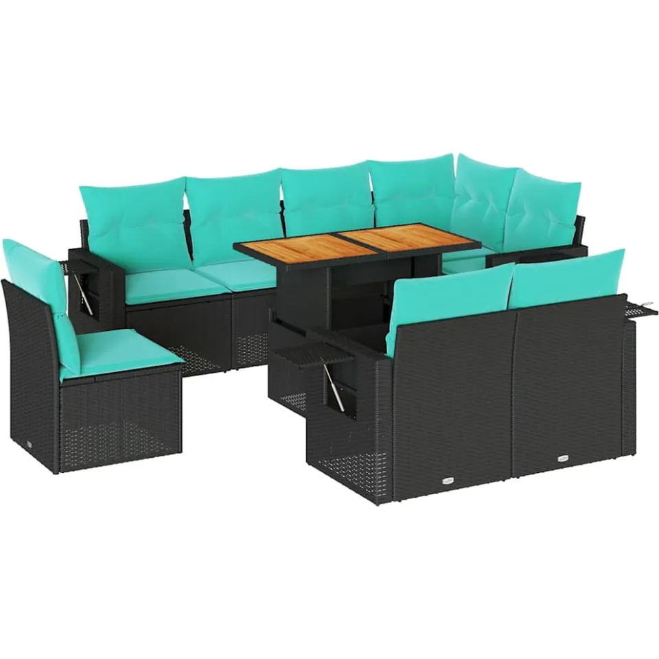 vidaXL 9-delige Loungeset met kussens poly rattan zwart
